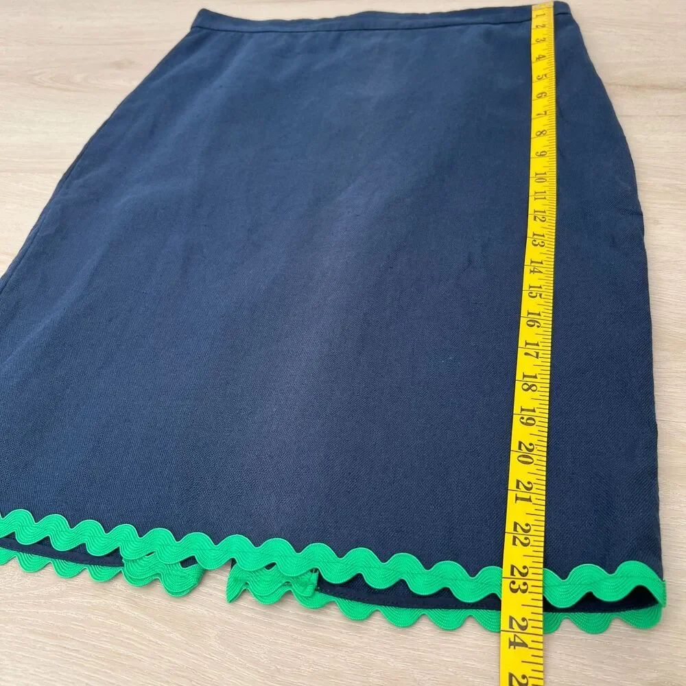 J.Crew Navy Blue Green Ric Rac Linen Retro Preppy Twee Revival Pencil Skirt Sz 6